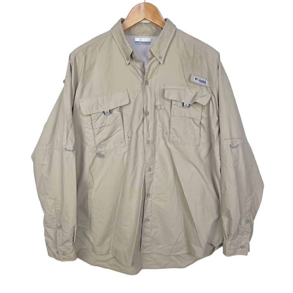 PFG Columbia Fishing Shirt Omni Shade Long Sleeve Vented Khaki men’s size L